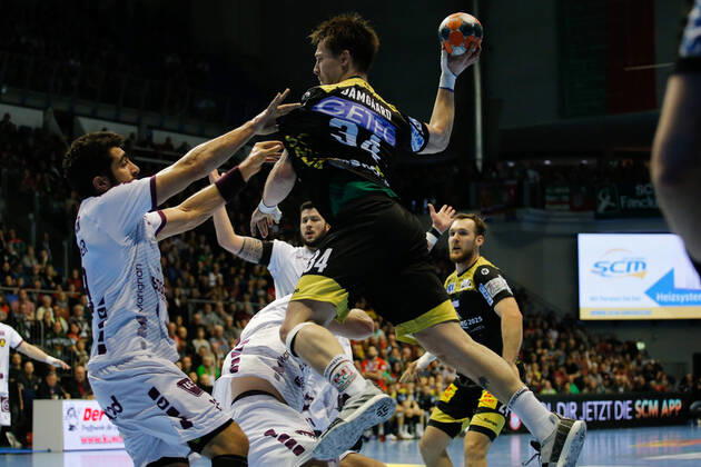 01 03 2020, xgox, Handball EHF Cup, SC Magdeburg HBC Nantes emspor, f l Michael Damgaard Magdeburg, 34 throws goal, scorers, scored goal, scores the goal GETEC Arena