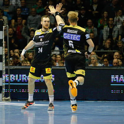 01 03 2020, xgox, Handball EHF Cup, SC Magdeburg HBC Nantes emspor, f l Christian O Sullivan Magdeburg, 24 , Matthias Musche Magdeburg, 6 cheers, cheering for the goal, celebrate the goal, celebration GETEC Arena