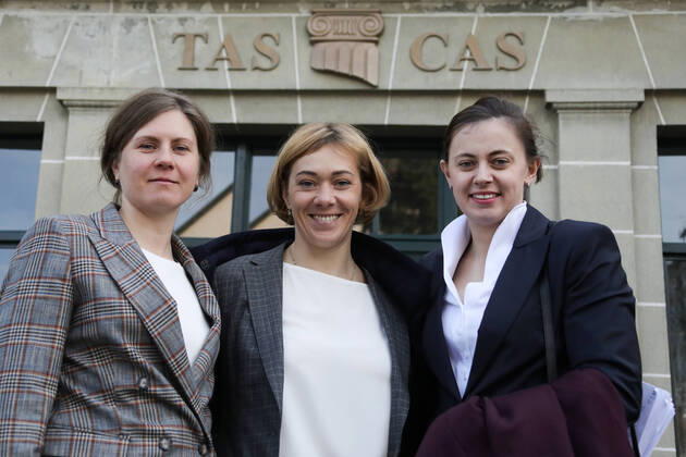 LAUSANNE, SWITZERLAND - MARCH 3, 2020: Russian biathlete Yana Romanova, Olga Zaitseva and Olga Vilukhina (L-R) seen outside the Court of Arbitration for (CAS) headquarters holding appeal hearings for Russian biathletes Olga Zaitseva, Yana Romanova and Olga Vilukhina. On November 27, 2017, the International Olympic Committee (IOC) disqualified Zaitseva, Romanova Olga Vilukhina for life and also canceled their results at the Sochi 2014 Winter Olympics; the biathletes filed appeals against the IOC s sanctions. During the hearings, the biathletes lawyer Alexei Panich said that the signatures on the affidavits of former head of Russia s Anti-Doping Center Grigory Rodchenkov, that are the crucial evidence furnished by IOC, had been forged, according to reports by British and Russian experts. Valery Sharifulin TASS TS0D0957