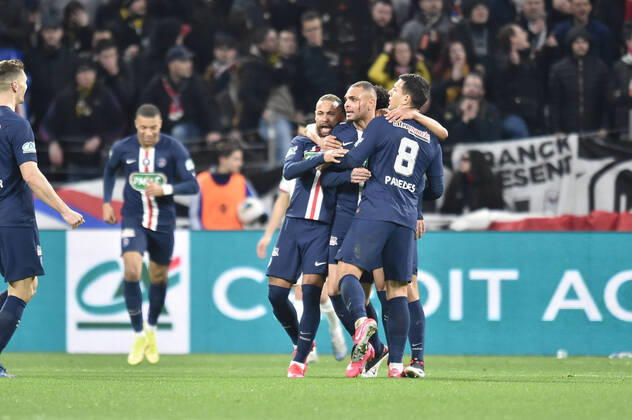 Joie de Layvin Kurzawa (psg) FOOTBALL : Olympique Lyonnais vs Paris Saint Germain - Coupe de France - 1 2 finale - 04 03 2020 FredericChambert Panoramic 