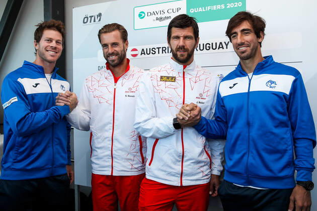 TENNIS - Davis Cup, AUT vs URU GRAZ,AUSTRIA,05.MAR.20 - TENNIS - ITF Davis Cup, Austria vs Uruguay, preview, draw. Image shows Ariel Behar (URU), Oliver Marach (AUT), Juergen Melzer (AUT) and Pablo Cuevas (URU). GEPAxpictures xMaticxKlansek