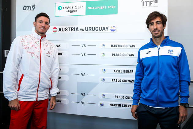 TENNIS - Davis Cup, AUT vs URU GRAZ,AUSTRIA,05.MAR.20 - TENNIS - ITF Davis Cup, Austria vs Uruguay, preview, draw. Image shows Dennis Novak (AUT) and Pablo Cuevas (URU). GEPAxpictures xMaticxKlansek