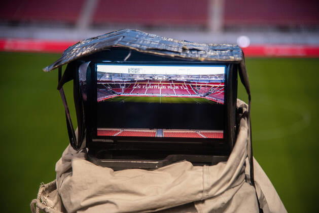 View through the viewfinder of a TV camera into the empty Mercedes Benz Arena Today the Mercedes Benz Arena was empty only 2 hours before the start of the game, but that may change soon thanks to the Corona virus Germany, Stuttgart, 09 03 2020, FuBa, 2 BuLi VfB Stuttgart vs. DSC Arminia Bielefeld, Mercedes Benz Arena DFL DFB REGULATIONS PROHIBIT ANY USE OF PHOTOGRAPHS AS IMAGE SEQUENCES AND OR QUASI VIDEO