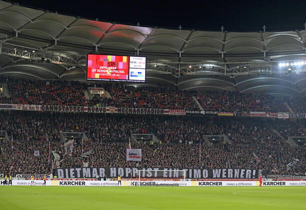 09 03 2020, Football 2 Bundesliga 2019 2020, 25 matchday, VfB Stuttgart Arminia Bielefeld, in the Mercedes Benz Arena in Stuttgart, Stuttgart fan curve Dietmar Hopp is a Timo Werner DFL and DFB regulations prohibit any use of photographs as image sequences and or quasi video