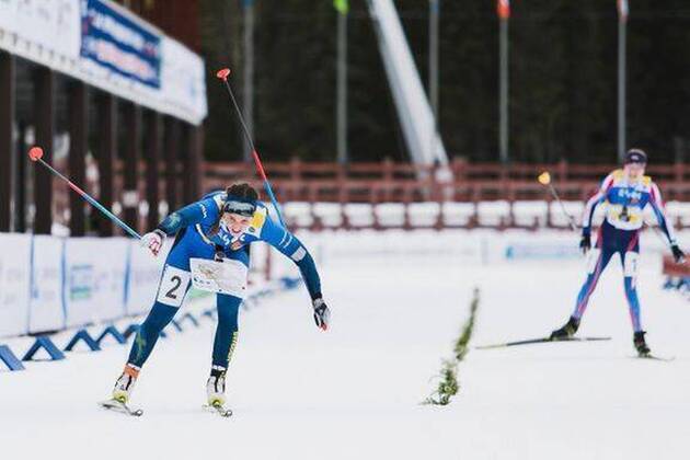 200315 This handout from the Swedish Orienteering Association sees Swedens Magdalena Olsson take gold medal with Linda Lindkvist and Isabel SalÃn not in picture when she crosses the mall line under the baton in the ski orientation European Championship on March 15, 2020 in Chanty Mansijsk, Russia,  Copyright: SVENSKAxORIENTERINGSFÖRBUNDET BB200315BB026