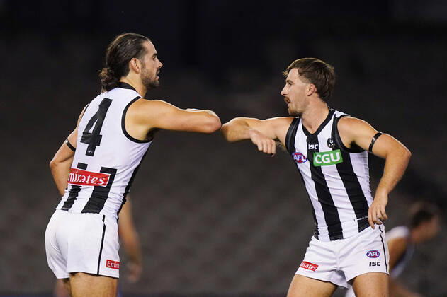 Bilder des Jahres 2020, Sport 03 März Sport Bilder des Tages AFL BULLDOGS MAGPIES, Brodie Grundy of the Magpies celebrates a goal with Tom Phillips of the Magpies during the Round 1 AFL match between Western Bulldogs and Collingwood Magpies at Marvel Stadium in Melbourne, Friday, March 20, 2020. ( NO ARCHIVING, EDITORIAL USE ONLY, NO USE IN BOOKS WITHOUT CONSENT MELBOURNE VIC AUSTRALIA  Copyright: xMICHAELxDODGEx 20200321001458504284