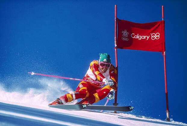 Olympic Skiing Zurbiggen Pirmin Zurbriggen of Switzerland wins the bronze medal in the giant slalom at the 1988 Olympic Winter games, Winterspiele,Spiele, Summer games Nakiska Ski Area Alberta Canada Copyright: xStevenxExxSutton DUOMO PCNx OL8802_011432