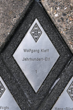 Soccer, Bundesliga, Germany, Men, Season 2019 2020, Borussia Park Mönchengladbach, Paving stones in diamond shape with the names of honourable players of the Borussia Jahrhundert Elf behind the stadium, Wolfgang Kleff