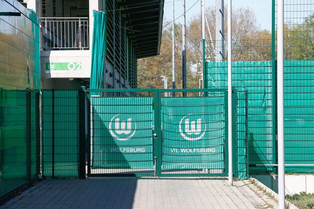22 04 2020, xtgx, Consequences of the Corona Virus in Wolfsburg, VfL Wolfsburg club logo on the training ground The club prepares for the continuation of the Bundesliga season with non-public training sessions