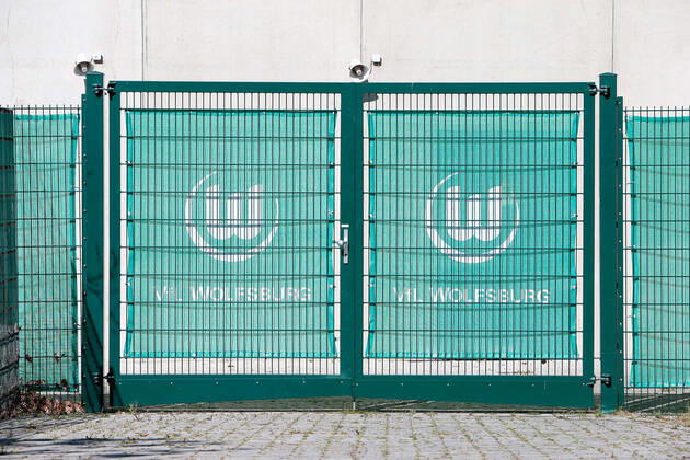 22 04 2020, xtgx, Consequences of the Corona Virus in Wolfsburg, VfL Wolfsburg club logo on the training ground The club prepares for the continuation of the Bundesliga season with non-public training sessions