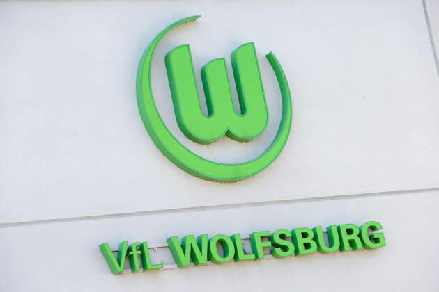 22 04 2020, xtgx, Consequences of the Corona Virus in Wolfsburg, VfL Wolfsburg club logo on the training ground The club prepares for the continuation of the Bundesliga season with non-public training sessions
