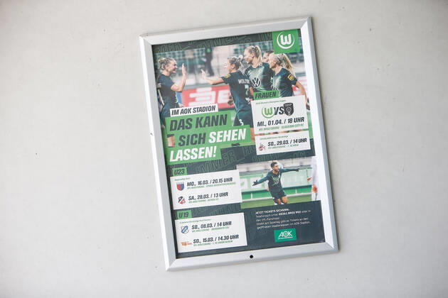 22 04 2020, xtgx, Consequences of the Corona Virus in Wolfsburg, poster at the AOK stadium for games that did not take place in the end Both the Regionalliga Nord, in which the U23 team of VfL plays, and the Flyeralarm Frauen Bundesliga are currently taking a break in Wolfsburg