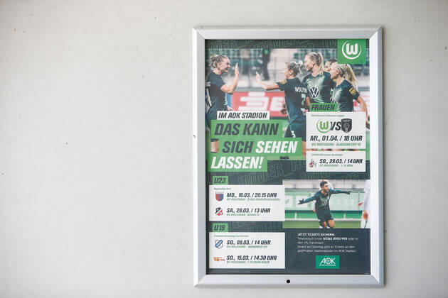 22 04 2020, xtgx, Consequences of the Corona Virus in Wolfsburg, poster at the AOK stadium for games that did not take place in the end Both the Regionalliga Nord, in which the U23 team of VfL plays, and the Flyeralarm Frauen Bundesliga are currently taking a break in Wolfsburg