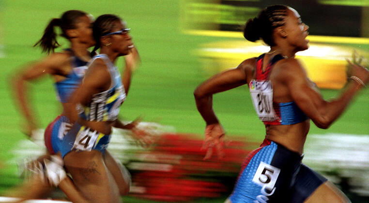 010812 Athletics, World Athletics Championships Winner Marion Jones of USA cross the finish line during womens 200 m at The World Athletics Championships on August 12, 2001 in Edmonton, Canada Jones was later disqualified for doping BILDBYRAN,  Copyright: NIKLASxLARSSON BB010809NL019