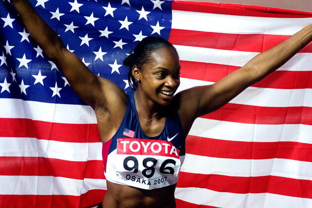 070829 Athletics, World Athletics Championships Gold medalist Michelle Perry of USA celebrate after womens 100 m hurdles at The World Athletics Championships on August 29, 2007 in Osaka, Japan BILDBYRAN,  Copyright: EMILxMALMBORG BB070829EM086