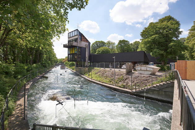 Construction site Eiskanal the area will be closed for almost two years because of the reconstruction of the track for the canoe slalom WM 2022 Former referee tower and canoe museum