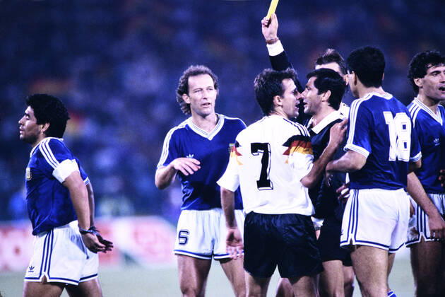 MARADONA Diego Captain Team Argentina yellow card from referee Edgardo Codesal with LITTBARSKI Pierre Team Germany World Champion FIFA World Cup 1990 in Italy Final Germany Argentina 1 0 on 08 07 1990 in Rome