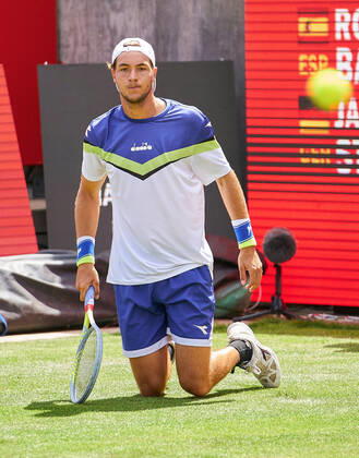 Jan-Lennard STRUFF (GER) on the ground his match against Roberto BAUTISTA AGUT (ESP) at the Tennis bett1 ACES Tennis Tournament on grass in Berlin , July 13, 2020.