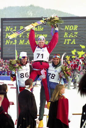 940217 Winter Olympics 1994, Cross country skiing: Gold medalist Bjorn Daehlie of Norway is flanked by bronze medalist Marco Albarello of Italy (R) and silver medalist Vladimir Smirnov of Kazakhstan after 10 km classical at The Winter Olympic Games, Olympische Spiele, Olympia, OS on February 17, 1994 in Lillehammer, Norway. BILDBYRAN  Copyright: BILDBYRAN BB940217BB039
