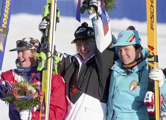 940219 Winter Olympics 1994, Alpine Skiing: Gold medalist Katja Seizinger of Germany is flanked by silver medalist Picabo Street of USA (L) and bronze medalist Isolde Kostner of Italy after womens downhill at The Winter Olympic Games, Olympische Spiele, Olympia, OS on February 19, 1994 in Lillehammer, Norway. BILDBYRAN  Copyright: BILDBYRAN BB940219BB015