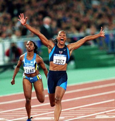 000923 Summer Olympics 2000, Athletics: Gold medalist Marion Jones of USA (later disqualified for doping) react during womens 100 m at The Summer Olympic Games, Olympische Spiele, Olympia, OS on September 23, 2000 in Sydney, Australia. BILDBYRAN  Copyright: LENNARTxMANSSON BB000923LM050