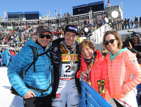 Felix Neureuther wins bronze medal in slalom from left Christian Neureuther, Felix Neureuther, Rosie Mittermeier, Amelie Neureuthe Ski World Championship 2017 St Moritz Felix Neureuther wins bronze medal in slalom from left Christian Neureuther, Felix Neureuther, Rosi Mittermaier, Amelie Neureuther Copyright bymersee Tel 49 8243 99 78 58 mobil 49 171 426 49 72 St Moritz Graub nden Switzerland No model release