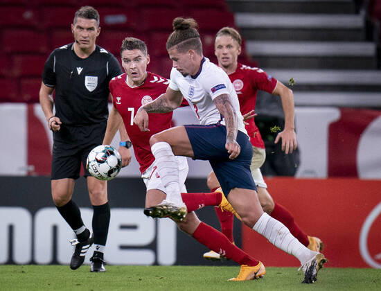 Denmarks Robert Skov and Daniel Wass and Englands Calvin Phillips during the Nations League match between Denmark and England in the Park, Tuesday 8 September 2020, Copenhagen Denmark,  Copyright: Ritzau Scanpix LiselottexSabroex COP101 spdk20200908-214725-L