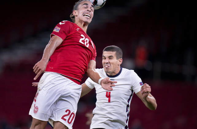Denmarks Yussuf Poulsen and Englands Conor Coady during the Nations League match between Denmark and England in the Park, Tuesday 8 September 2020, Copenhagen Denmark,  Copyright: Ritzau Scanpix LiselottexSabroex COP101 spdk20200908-230258-L