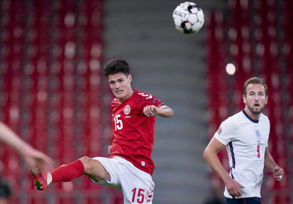 Denmarks Christian Noergaard and Englands Harry Kane during the Nations League match between Denmark and England in the Park, Tuesday 8 September 2020, Copenhagen Denmark,  Copyright: Ritzau Scanpix LiselottexSabroex COP101 spdk20200908-230749-L
