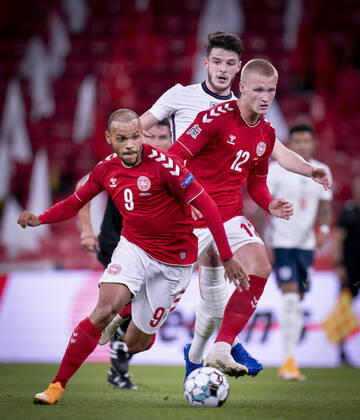 Denmarks Martin Braithwaite and Kasper Dolberg during the Nations League match between Denmark and England in the Park, Tuesday 8 September 2020, Copenhagen Denmark  Copyright: Ritzau Scanpix LiselottexSabroex COP101 spdk20200908-231327-L