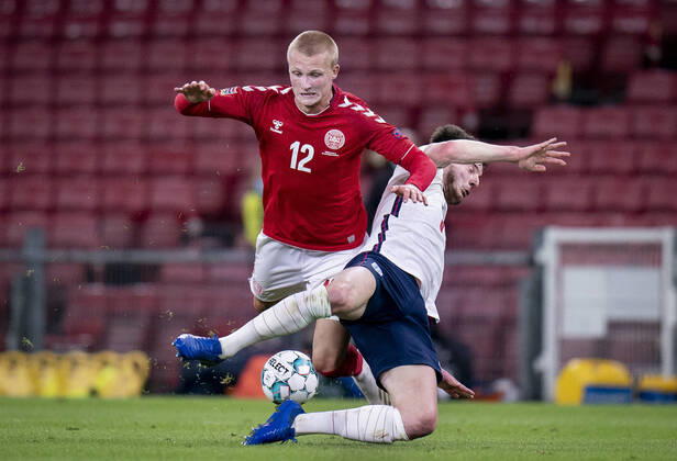 Danmarks Kasper Dolberg 12 and Englands Declan Rice during Nations League Group stage football match between Denmark and England at Parken Stadium in Copenhagen, Denmark, september 9th, 2020, Copenhagen Denmark  Copyright: Ritzau Scanpix LiselottexSabroex COP013 spdk20200908-231508-L