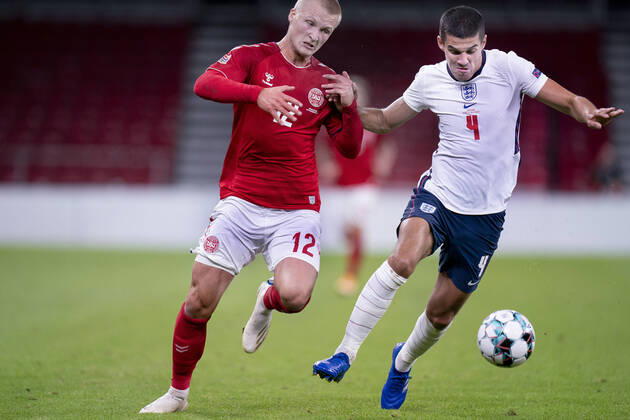 Denmarks Kasper Dolberg and Englands Conor Coady during the Nations League match between Denmark and England in the Park, Tuesday 8 September 2020, Copenhagen Denmark  Copyright: Ritzau Scanpix LiselottexSabroex COP101 spdk20200908-231922-L
