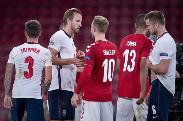 Denmarks Christian Eriksen and Englands Harry Kane greet after the Nations League match between Denmark and England in the Park, Tuesday 8 September 2020 Kasper Hjulmand is satisfied with the imprint he has left in his first national team gathering, even though it was only a single point in two matches It writes Ritzau, Wednesday, September 9, 2020, Copenhagen Denmark  Copyright: Ritzau Scanpix LiselottexSabroex cop777 spdk20200909-072950-L