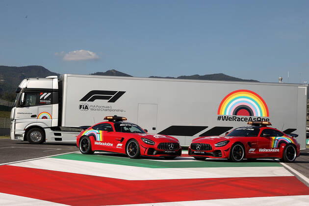 Formula 1 Pirelli Gran Premio Della Toscana Ferrari 1000 2020 09 09 2020, Autodromo Internazionale del Mugello, Mugello, Formula 1 Pirelli Gran Premio Della Toscana Ferrari 1000 2020,in the picture Out of respect for the great Ferrari anniversary, Mercedes is colouring Bernd Mayländers Safety Car The Mercedes AMG GT R is Ferrari red nordphotoxBratic nph00250