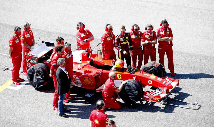 Motorsports FIA Formula One World Championship 2020, Grand Prix of Tuscany, Mick Schumacher GER prepares to drive the Ferrari F2004 of his father Michael Schumacher, Louis Camilleri, Mattia Binotto ITA, Scuderia Ferrari Mission Winnow , Scarperia Italy