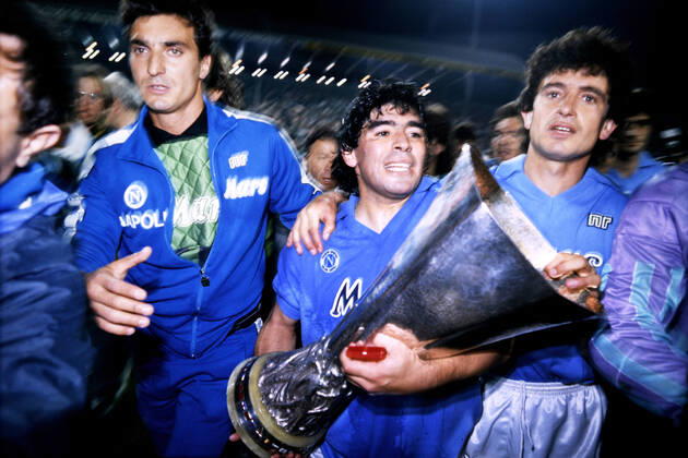 MARADONA Diego Team SSC Naples with Cup UEFA Cup Season 1988 1989 Game VfB Stuttgart SSC Naples 3 3 UEFA Cup Final 1989 on 17 May 1989 in Stuttgart