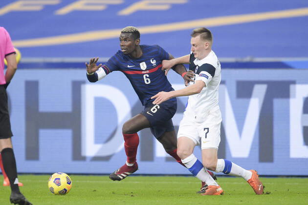 Paul Pogba (France) vs Rasmus Karjalainen (Finlande) FOOTBALL : France vs Finlande - Match Amical - stade de France - 11 11 2020 JBAutissier Panoramic 