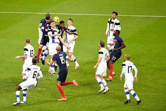 10 ANTHONY MARTIAL (FRA) - 03 DANIEL O SHAUGHNESSY (FIN) - 15 LEO VAISANEN (FIN) FOOTBALL : France vs Finlande - Match Amical - 11 11 2020 FEP Panoramic 