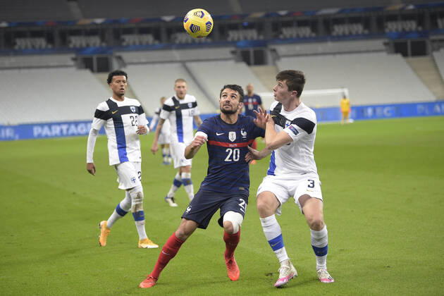 Leo Dubois (France) vs Daniel O Shaughnessy (Finlande) FOOTBALL : France vs Finlande - Match Amical - stade de France - 11 11 2020 JBAutissier Panoramic 