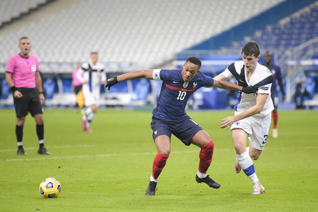 Anthony Martial (France) vs Daniel O Shaughnessy (Finlande) FOOTBALL : France vs Finlande - Match Amical - stade de France - 11 11 2020 JBAutissier Panoramic 