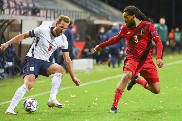 LEUVEN, BELGIUM - NOVEMBER 15 : Kieran Trippier defender of England, Jason Denayer defender of Belgium during the UEFA Nations League match group stage final tournament - League A - Group 2 between Belgium and England on November 15, 2020 in Leuven, Belgium, 15 11 2020 ( Photo by Vincent Kalut Photonews FOOTBALL : UEFA Nations League - League A - Group 2 - Belgique vs Angleterre - 15 11 2020 PHOTONEWS PANORAMIC 