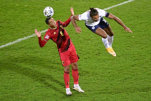 LEUVEN, BELGIUM - NOVEMBER 15 : Youri Tielemans midfielder of Belgium battles for the ball with Dominic Calvert-Lewin forward of England during the UEFA Nations League match group stage final tournament - League A - Group 2 between Belgium and England on November 15, 2020 in Leuven, Belgium, 15 11 2020 ( Photo by Peter De Voecht Photonews FOOTBALL : UEFA Nations League - League A - Group 2 - Belgique vs Angleterre - 15 11 2020 PHOTONEWS PANORAMIC 