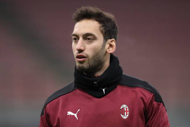 Hakan Calhanoglu of AC Milan during the warm up prior to the Coppa Italia match at Giuseppe Meazza, Milan. Picture date: 12th January 2021. Picture credit should read: Jonathan Moscrop Sportimage EDITORIAL USE ONLY. No use with unauthorised audio, video, data, fixture lists, club league logos or live services. Online in-match use limited to 120 images, no video emulation. No use in betting, games or single club league player publications. SPI-0842-0085