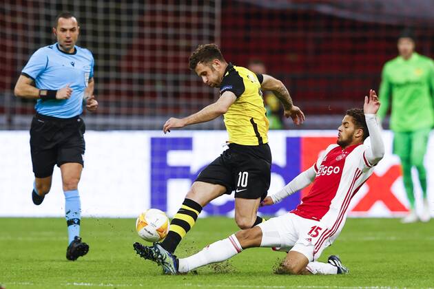 AMSTERDAM , 11}-03-2021 , Johan Cruijff Arena , Dutch football , Europa League , round of sixteen first leg , season 2020 2021. (L-R) Young Boys player Miralem Sulemani and Ajax Player Devyne Rensch during the match Ajax vs Young Boys Ajax - Young Boys  x11074707x Copyright: