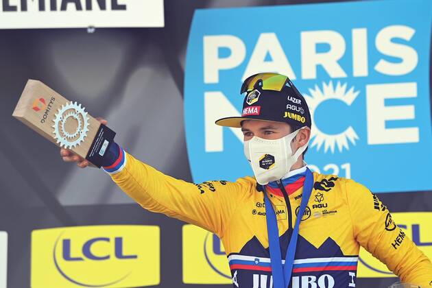 VALDEBLORE LA COLMIANE, FRANCE - MARCH 13 : ROGLIC Primoz (SLO) of Team Jumbo-Visma celebrates the victory during the podium ceremony of stage 7 of the 79th edition of the 2021 Paris - Nice cycling race, a stage of 119,2 kms between Le Broc and station Valdeblore La Colmiane on March 13, 2021 in Valdeblore La Colmiane, France, 13 03 2021 CYCLISME : Paris - Nice 2021 - Etape 7 - Le Broc a station Valdeblore La Colmiane - 13 03 2021 Photonews Panoramic 