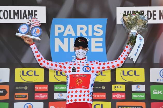 VALDEBLORE LA COLMIANE, FRANCE - MARCH 13 : PEREZ Anthony (FRA) of Cofidis, Solutions Credits with the polka dot jersey pictured during the podium ceremony of stage 7 of the 79th edition of the 2021 Paris - Nice cycling race, a stage of 119,2 kms between Le Broc and station Valdeblore La Colmiane on March 13, 2021 in Valdeblore La Colmiane, France, 13 03 2021 CYCLISME : Paris - Nice 2021 - Etape 7 - Le Broc a station Valdeblore La Colmiane - 13 03 2021 Photonews Panoramic 