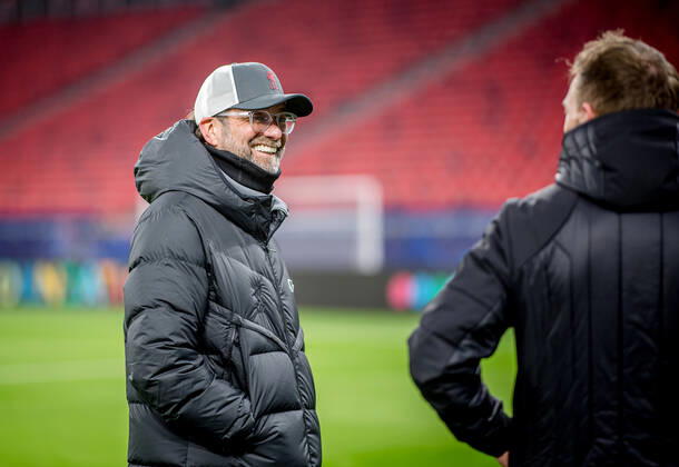 Liverpool coach Juergen Klopp and Leipzig coach Julian Nagelsmann stand together and talk UEFA Champions League Round of 16, second leg FC Liverpool RB Leipzig 2 0 10 03 2021, Puskas Arena in Budapest Hungary FC Liverpool RB Leipzig