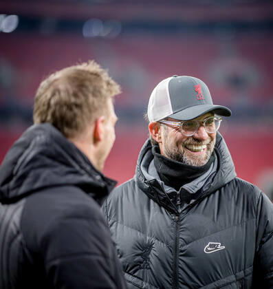 Liverpool coach Juergen Klopp and Leipzig coach Julian Nagelsmann stand together and talk UEFA Champions League Round of 16, second leg FC Liverpool RB Leipzig 2 0 10 03 2021, Puskas Arena in Budapest Hungary FC Liverpool RB Leipzig