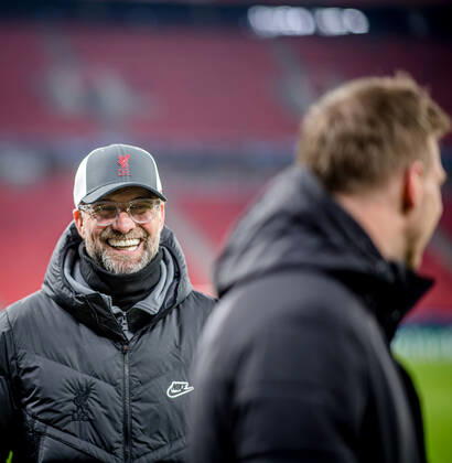 Liverpool coach Juergen Klopp and Leipzig coach Julian Nagelsmann stand together and talk UEFA Champions League Round of 16, second leg FC Liverpool RB Leipzig 2 0 10 03 2021, Puskas Arena in Budapest Hungary FC Liverpool RB Leipzig
