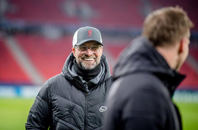 Liverpool coach Juergen Klopp and Leipzig coach Julian Nagelsmann stand together and talk UEFA Champions League Round of 16, second leg FC Liverpool RB Leipzig 2 0 10 03 2021, Puskas Arena in Budapest Hungary FC Liverpool RB Leipzig